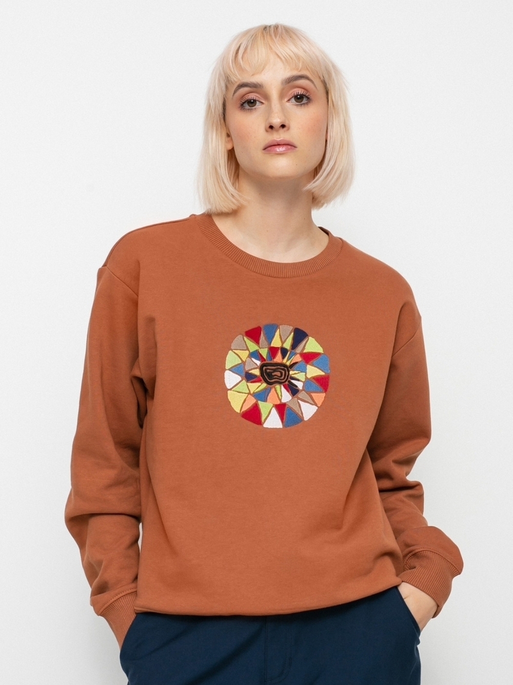Women’s Rust Crewneck Sweatshirt with Colorful Medallion Embroidery
